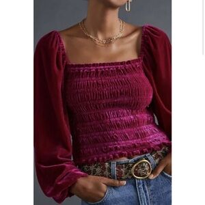 Anthropologie Puff-Sleeved Velvet Blouse - Pink/Rose